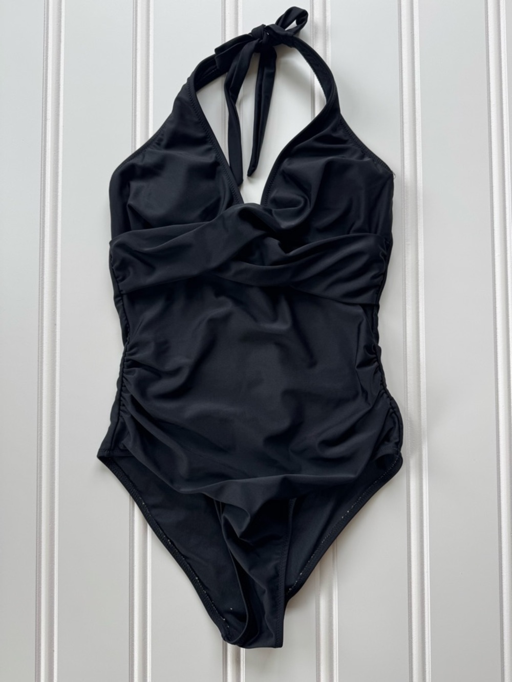 Black Ruched Halter Strap V-Neck One Piece Swimsuit with Removable Padding